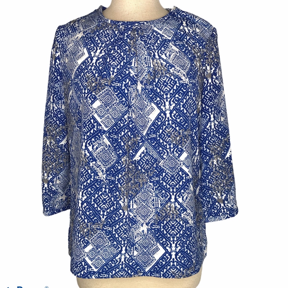 Piperlime Collection Blue White Ikat Style Print Blouse Top